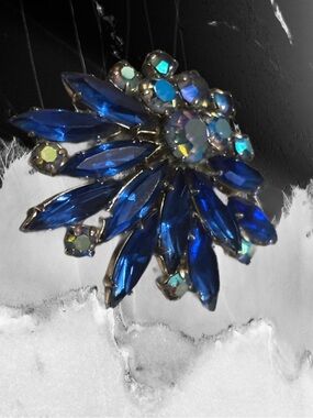 Copy Source Unknown Cobalt Blue Marquise Crystal Brooch with Aurora Accents